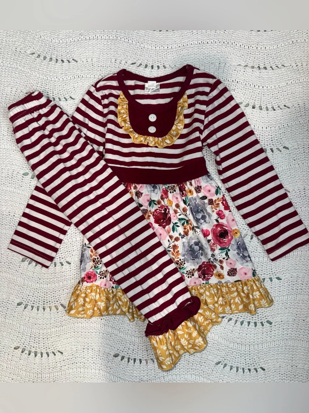 Striped Burgundy & Cream Floral Ruffle Dress Set